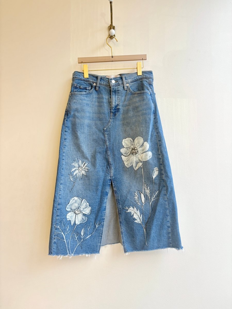 Blue Denim Long Floral Printed & Hand Drawn Skirt (Reworked) - Made X Hudson