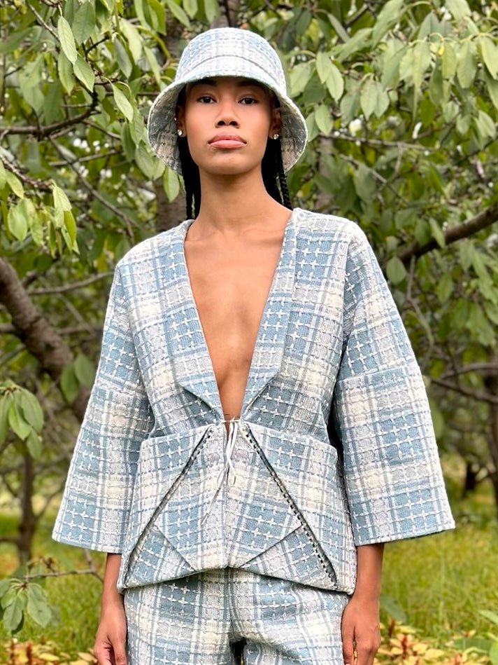 Pale Blue Wool Tweed Chore Jacket with Crystal Detail - Made X Hudson