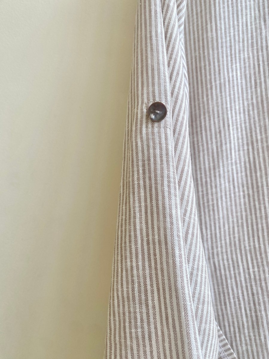 Tan & Cream Mini - stripe Handkerchief Hem Dress w/ Patch Pockets - Made X Hudson