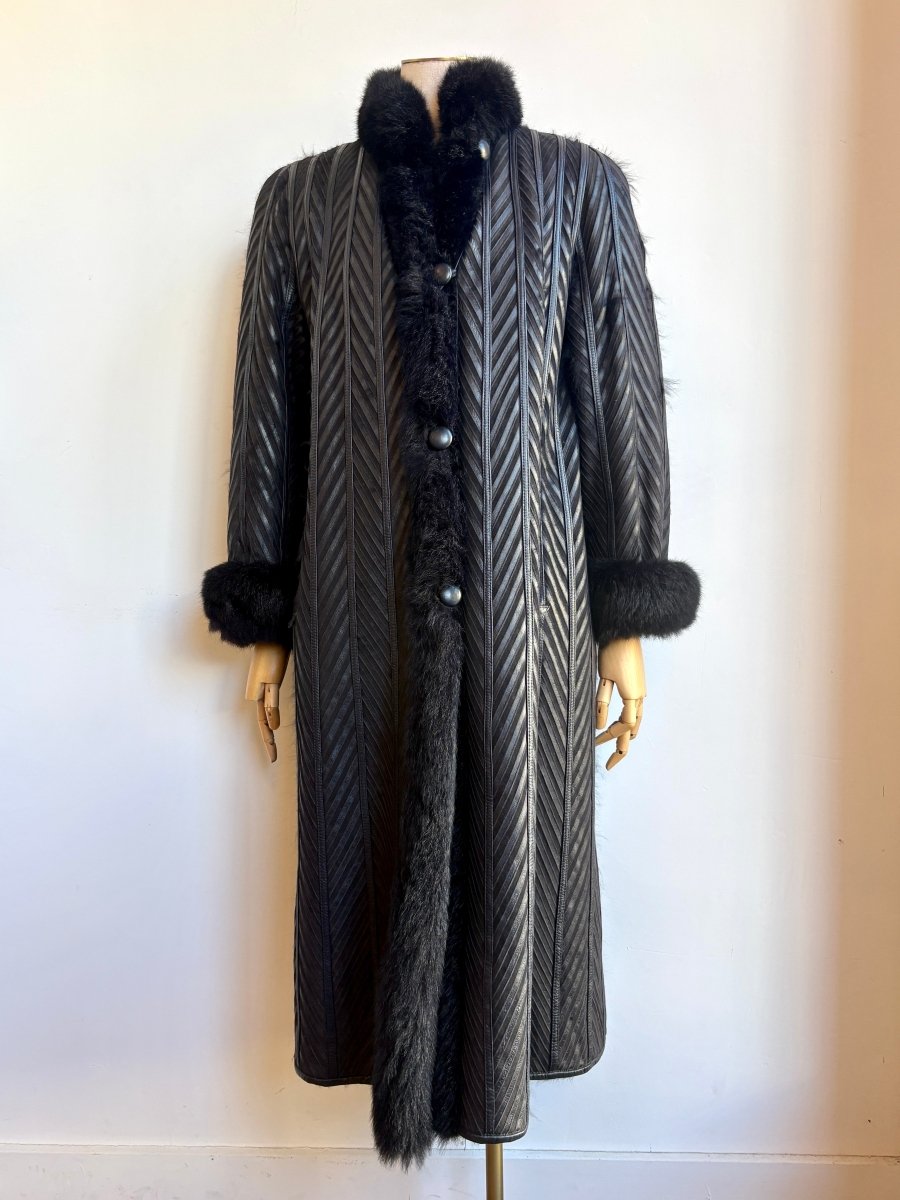 Reversible Midnight Black Leather Chevron and Fur Dress Coat (Vintage) - Made X Hudson