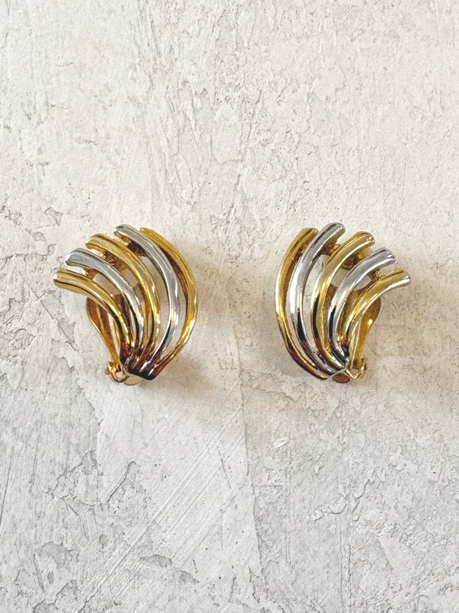 Gold Tone Mixed Metal Fan Clip On Earrings (Vintage) - Made X Hudson