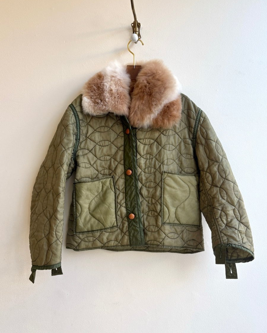 Light Olive Green Army Liner Quilted Coat w/ Caramel Swirl Alpaca Fur Collar (Reworked) - Made X Hudson