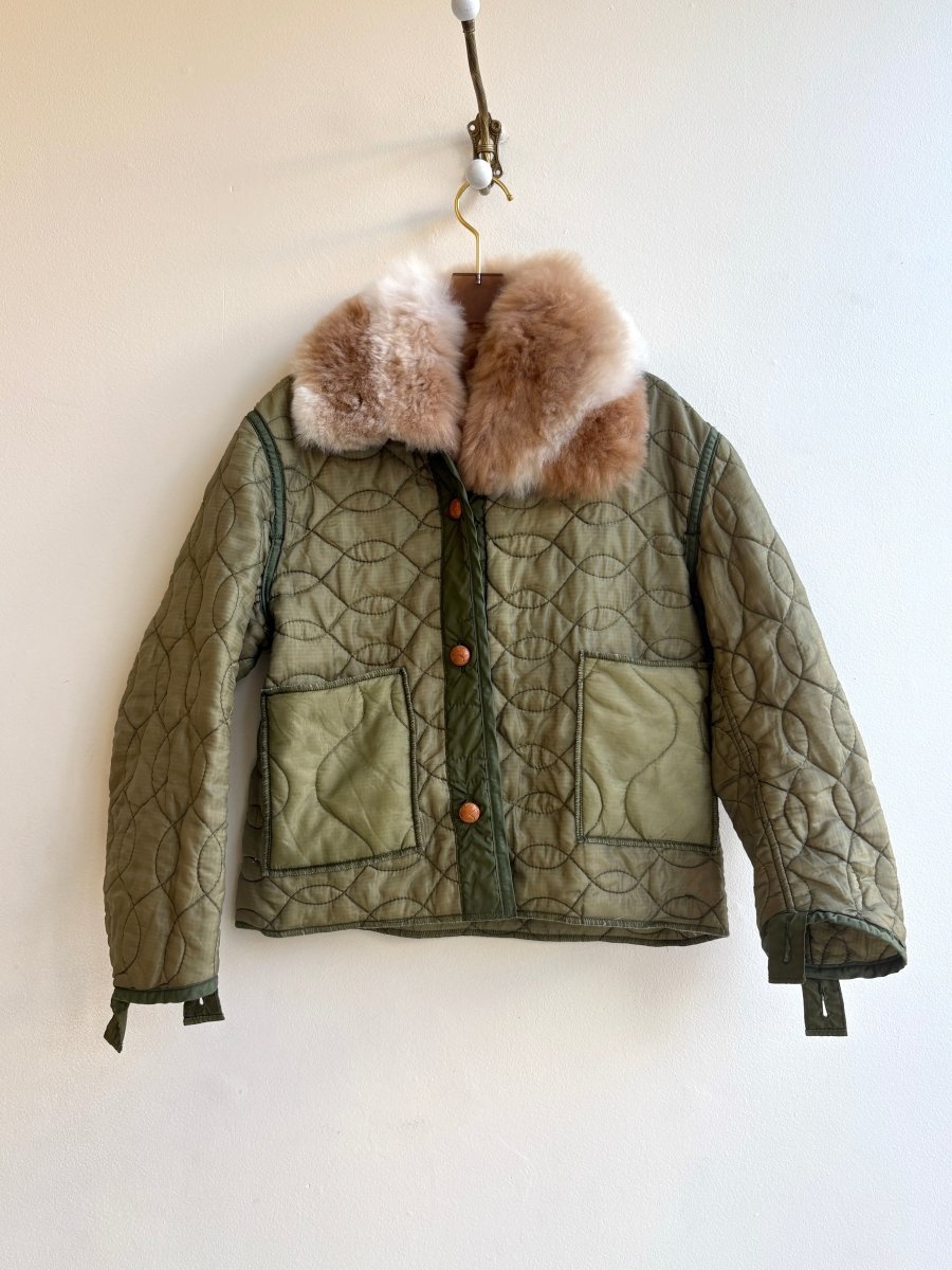 Light Olive Green Army Liner Quilted Coat w/ Caramel Swirl Alpaca Fur Collar (Reworked) - Made X Hudson