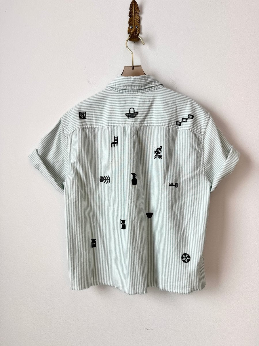Tiny Print Crop Button Up in Mint Stripe | Block Printed (Reworked) - Made X Hudson