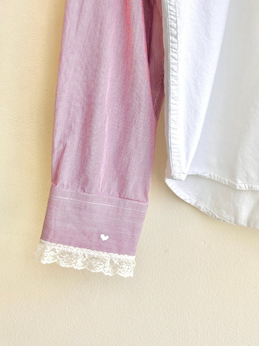 Two - Tone Micro Stripe Red & White Button Down with Lace Cuff & Embroidered Heart on Cuff (Reworked) - Made X Hudson