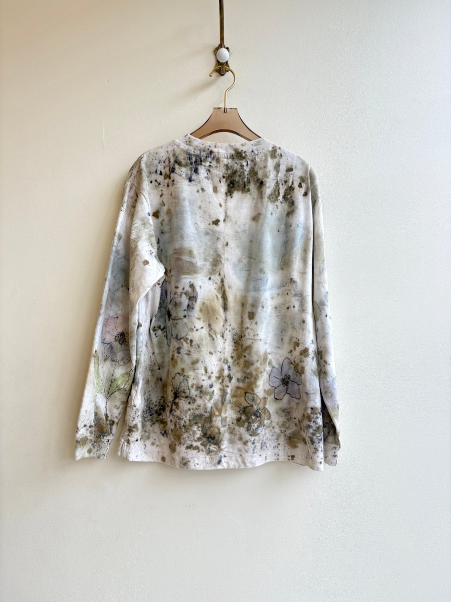 Pink Poppies & Green Eco Printed & Hand Drawn Long Sleeve Top (Reworked) - Made X Hudson