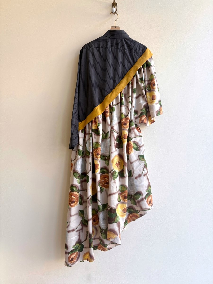 Asymmetric Shirtwaist Dress in Black Stripe with Black and Painted Golden Rose Print Skirt (Reworked) - Made X Hudson