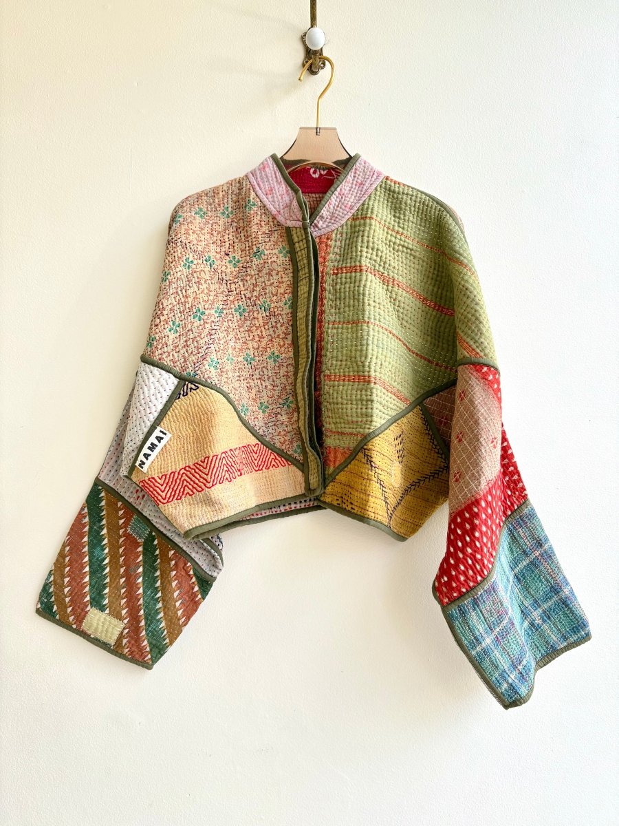 Reversible Kaira Quilted Cropped Jacket in Colors Green, Tan, Pink, Red, Blue, Orange & Mauve, Tan, Blue, Mustard - Made X Hudson