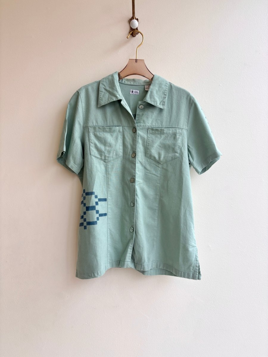 Hand Painted Sea Foam Woven Checker Motif Short Sleeve Top (Reworked) - Made X Hudson