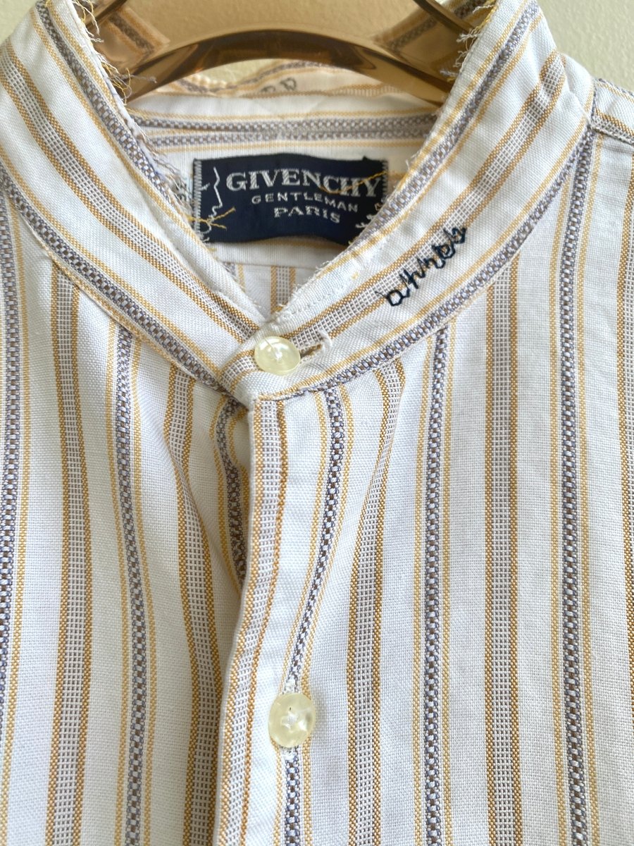 Tan, Blue, & White Annette Button Down Crop Top Hand Embroidered “Je Tàime” (Reworked) - Made X Hudson