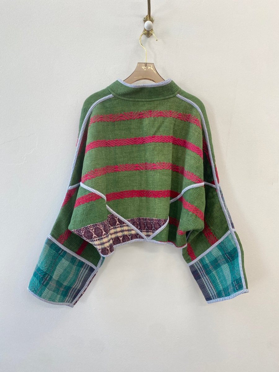 Reversible Kaira Quilted Cropped Jacket in Colors Green & Red Stripe w/ Turquoise Patchwork - Made X Hudson