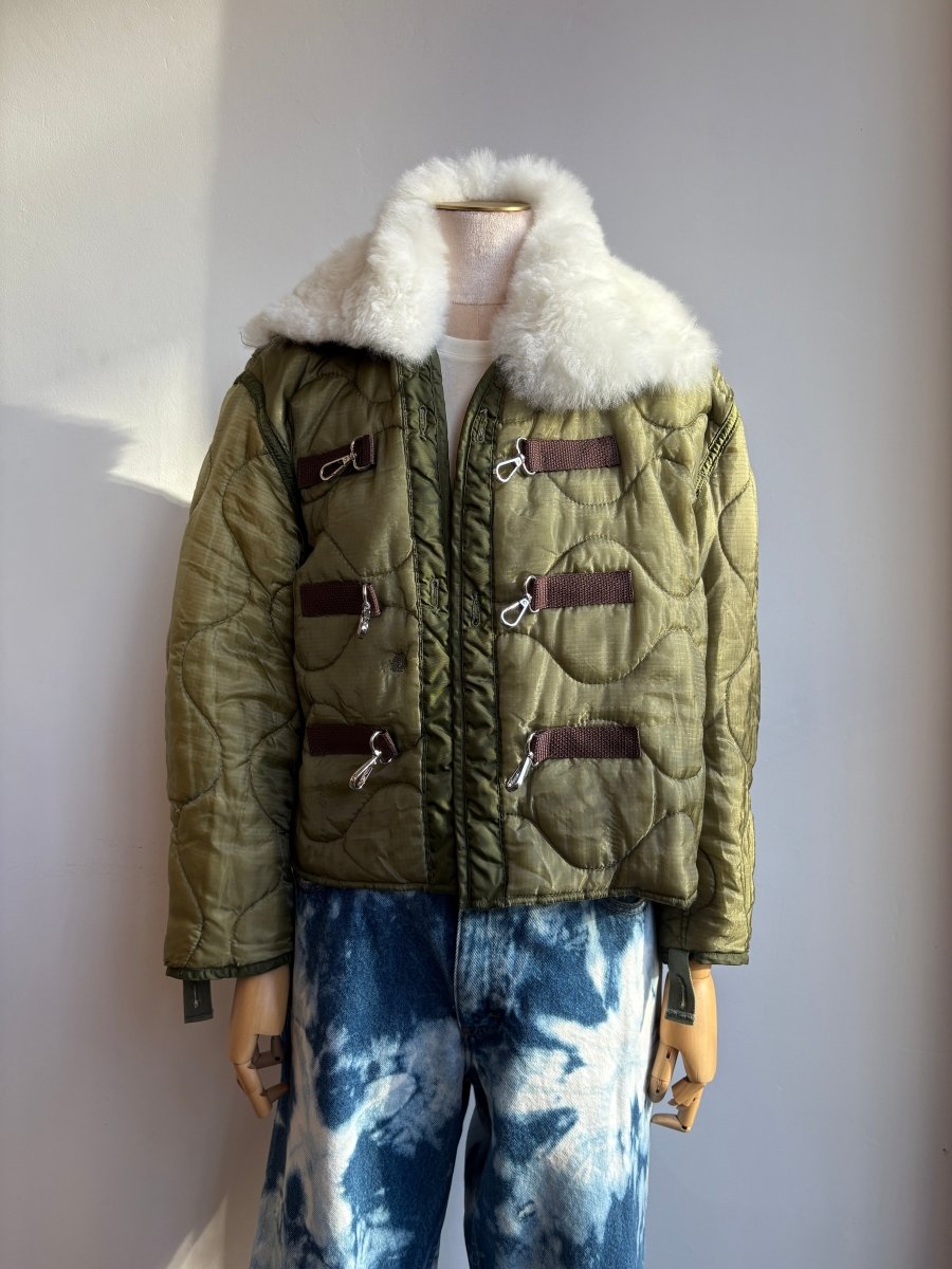 Olive Army Liner Quilted Coat w/ White Alpaca Fur Collar & Brown Canvas & Silver - Tone Clasps (Reworked) - Made X Hudson