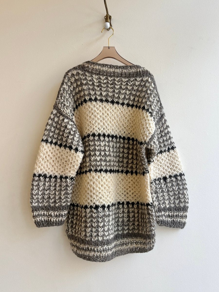 Hand - Knit Black, Grey, & Ivory Striped Canadian Ski Sweater (Vintage) - Made X Hudson