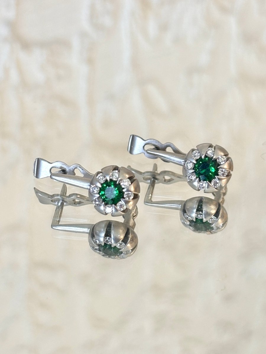 18K White Gold, .08CT Diamonds, & Emerald Artichoke Dangle Earrings - Made X Hudson