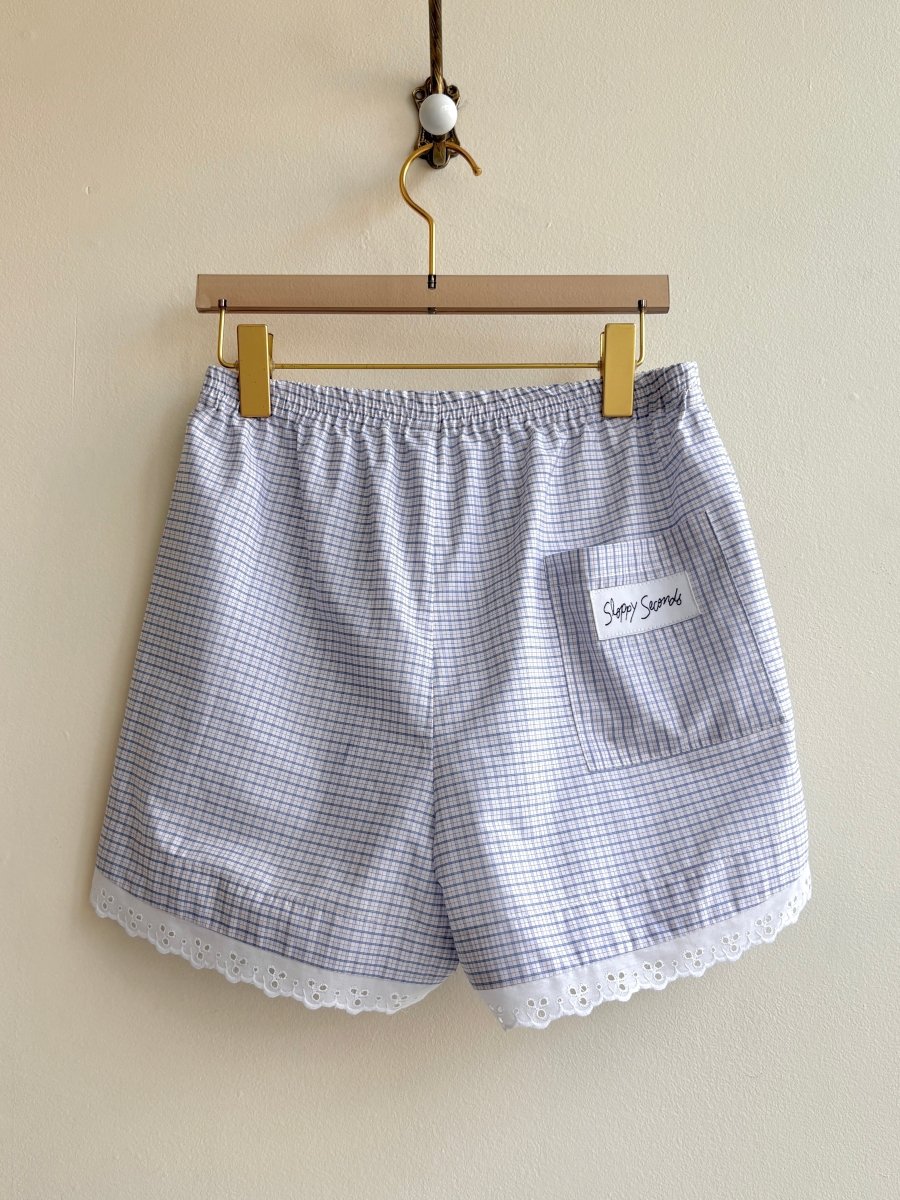 Blue, White, & Red Mini - Plaid w/ Eyelet Trim Boxer Shorts (Reworked) - Made X Hudson