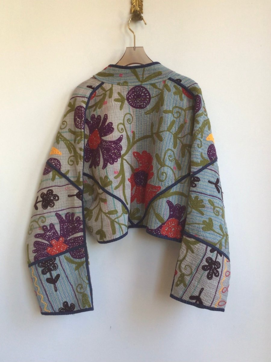 Reversible Kaira Suzani Quilted Cropped Jacket in Colors Blue, Green, Lavender, Red & Lavender, Blush, Soft Green, Red, Purple - Made X Hudson