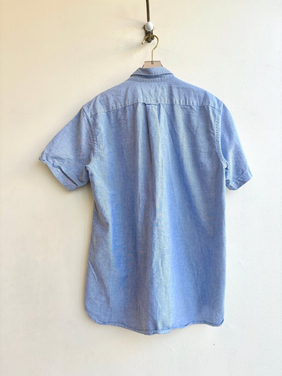 Cobalt Tiny Print Short Sleeve Button Up in Grey Blue | Block Printed (Reworked) - Made X Hudson