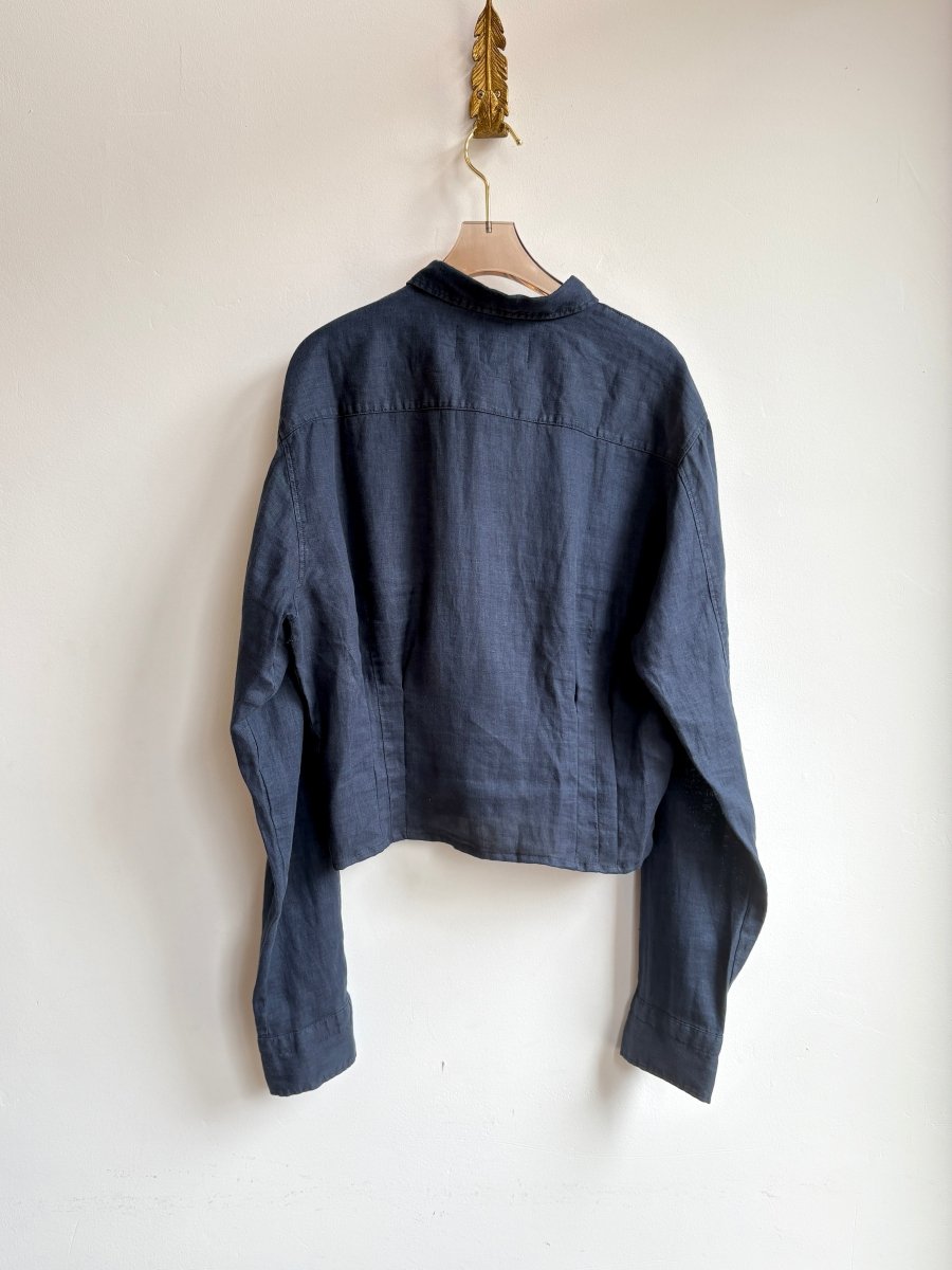 The Kevin Top | Navy Linen Button Down Top w/ Gathered Waist (Reworked) - Made X Hudson