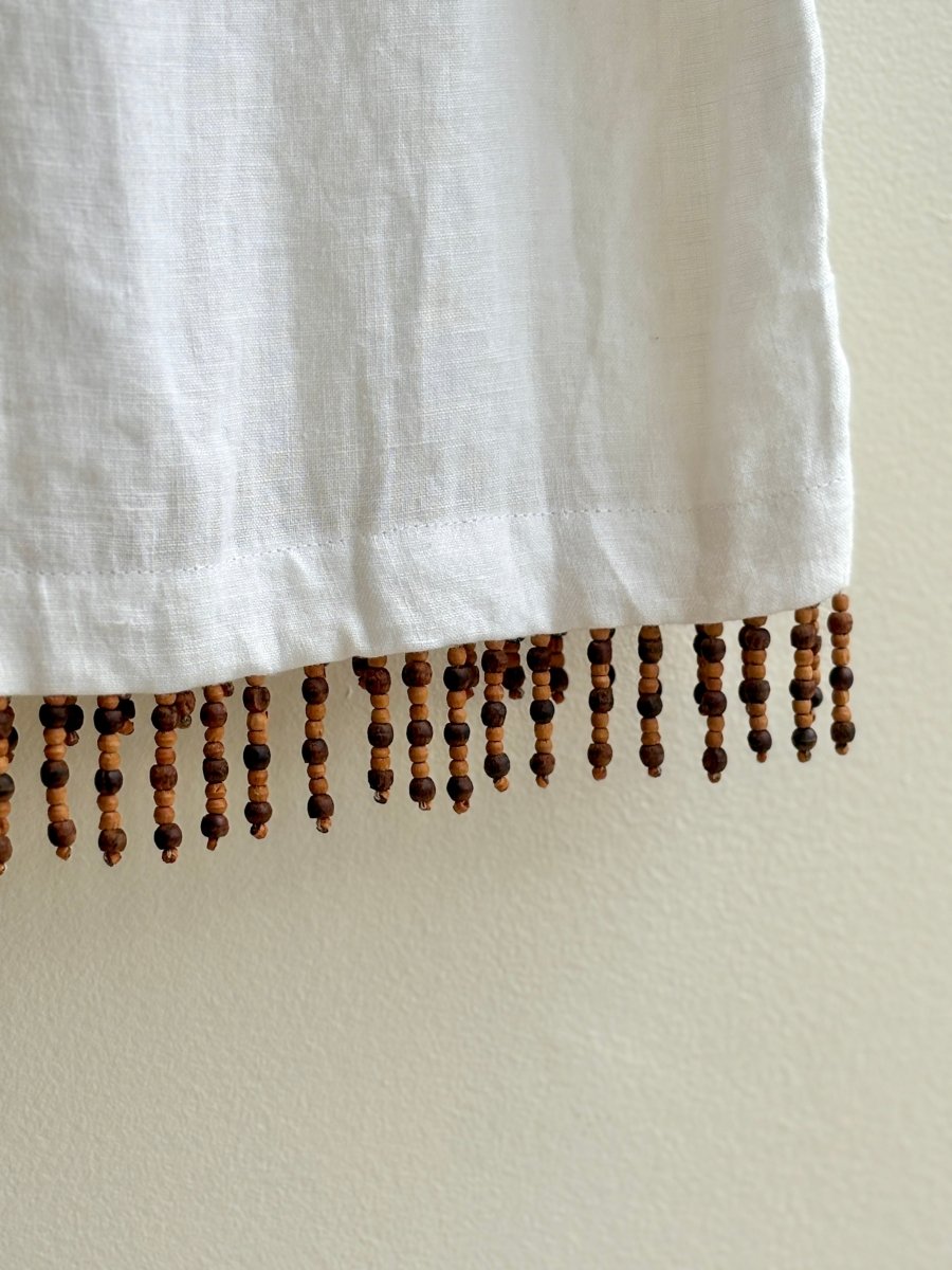 White Linen Button Up Shirt w/ Wooden Beaded Fringe (Reworked) - Made X Hudson