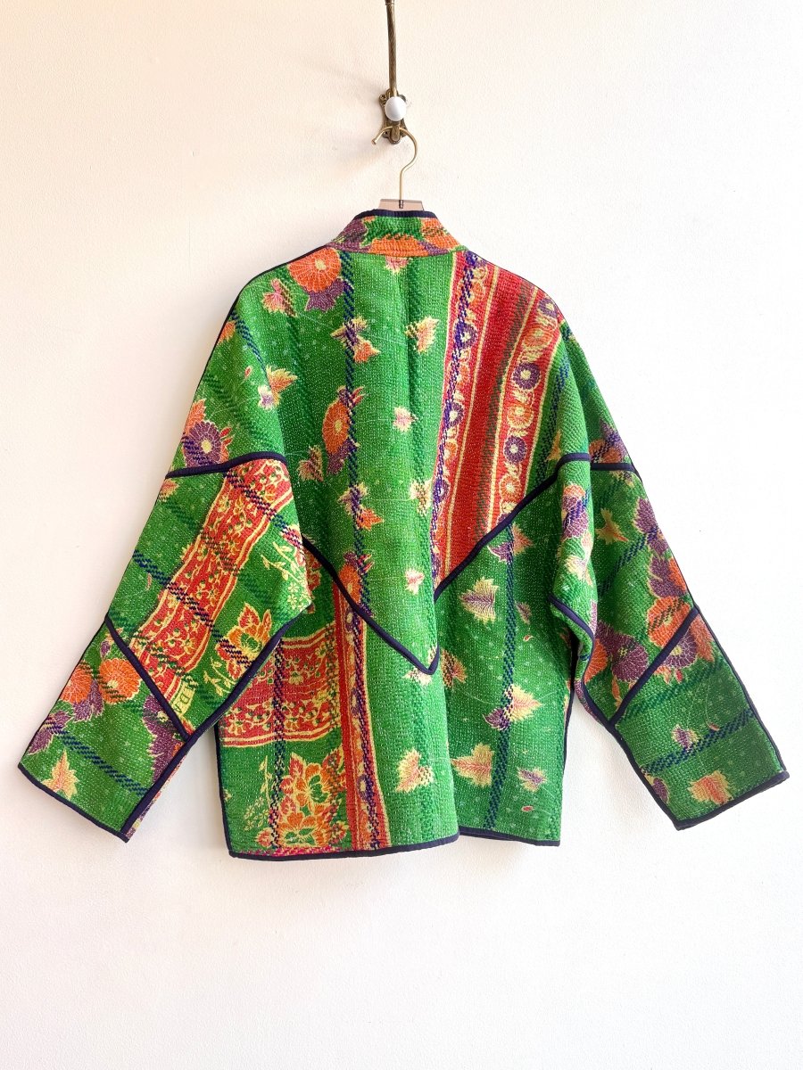Reversible Ladhiya Quilted Jacket in Colors Green with Orange Floral & Orange Stripe - Made X Hudson