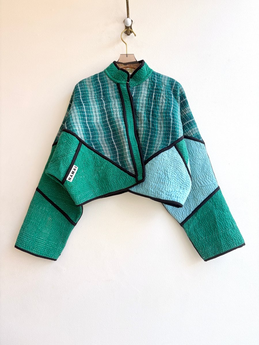 Reversible Kaira Quilted Cropped Jacket in Colors Teal, Jade, Ice Blue & Multi Colored Patchwork - Made X Hudson
