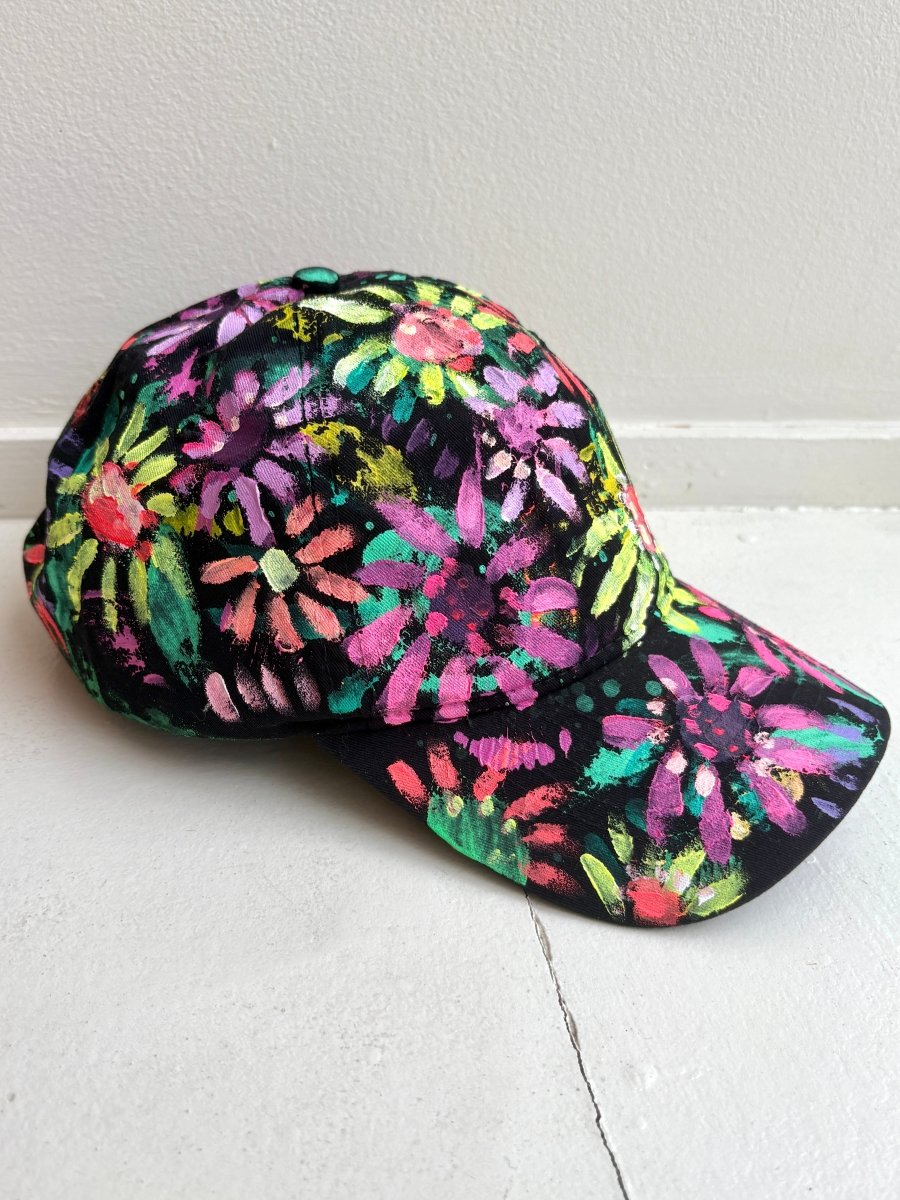 "Blossom" Black Baseball Cap w/ Pink Neon Flowers | Hand Painted - Made X Hudson