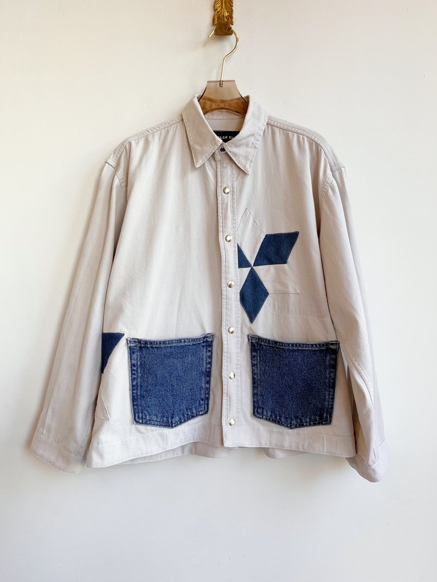 White Denim Shirtjacket w/ White & Blue Lemoyne Star & Dark Blue Pockets (Reworked) - Made X Hudson