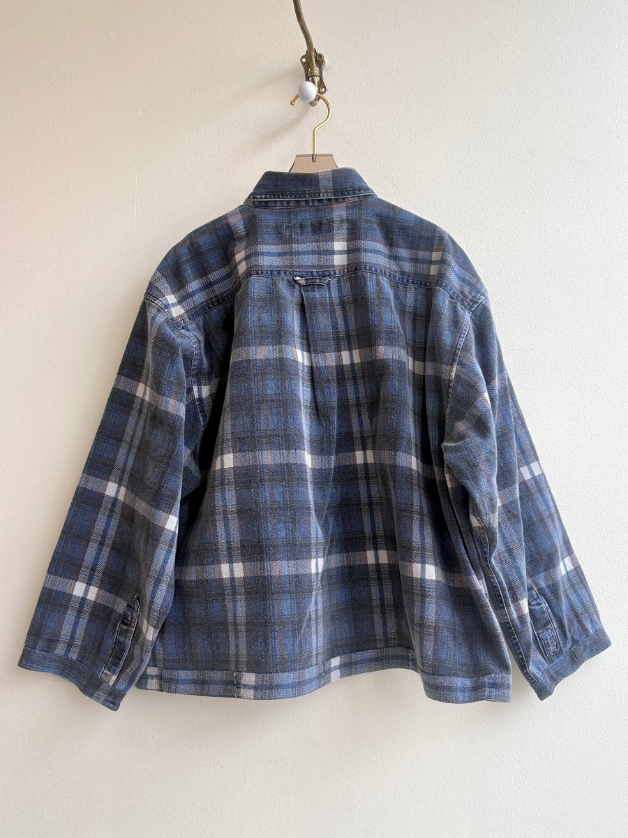 Navy and Orange Plaid Denim Shirtjacket w/ Trio of Patch Pockets (Reworked) - Made X Hudson
