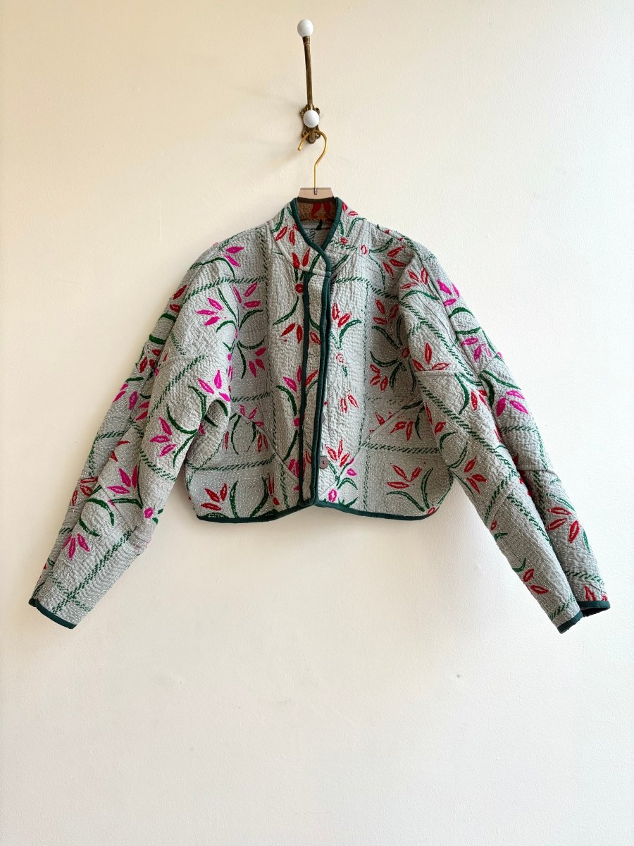 Reversible Kaira Quilted Cropped Jacket in Colors Pale Sage with Floral Embroidery - Made X Hudson