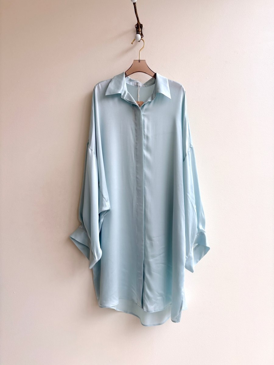 Silk Button Down Long Shirt in Soft Aqua - Made X Hudson