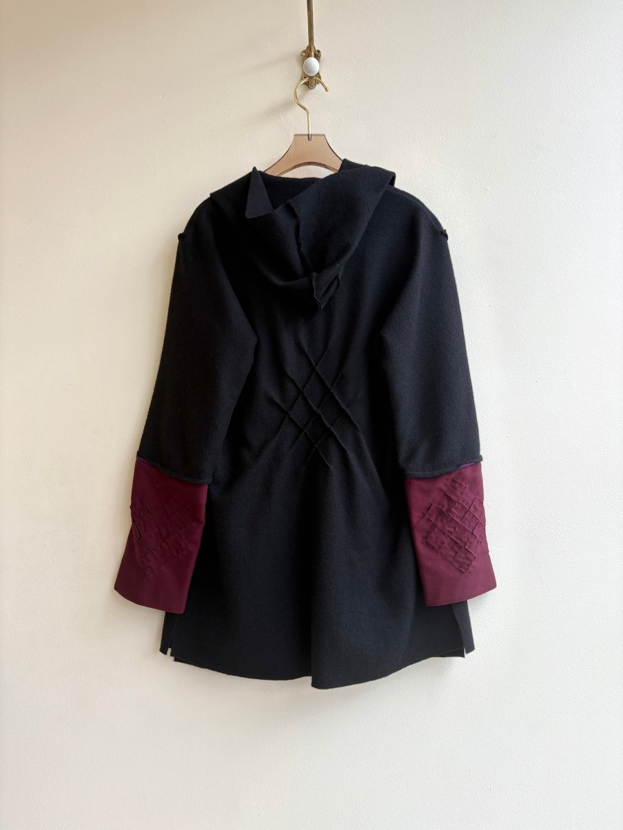 Black & Burgundy | Wool Hooded Over Coat w/ Pockets - Made X Hudson