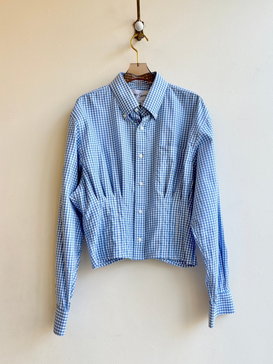 The Kevin Top | Blue & White Gingham Pattern Top w/ Gathered Waist (Reworked) - Made X Hudson