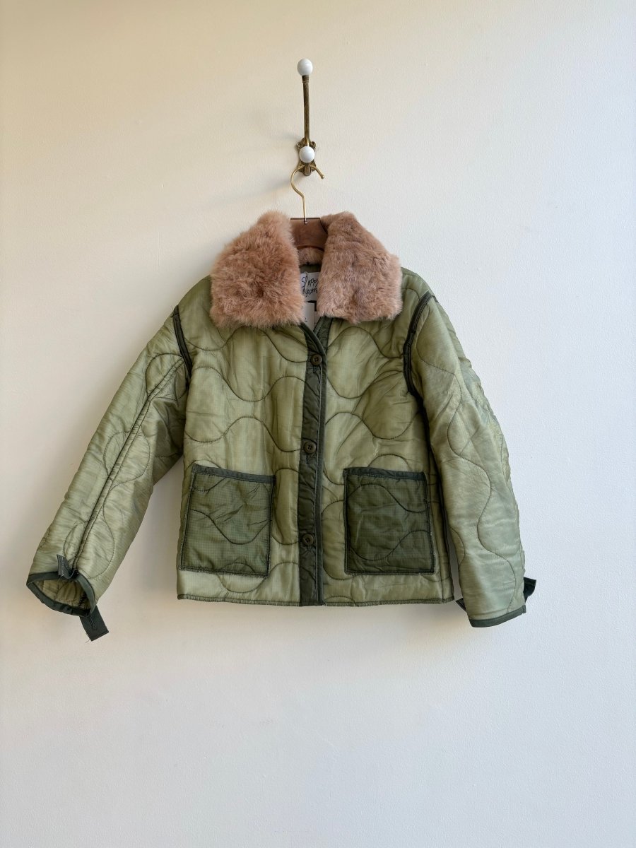 Two Tone Olive Green Army Liner Quilted Coat w/ Caramel Alpaca Fur Collar (Reworked) - Made X Hudson
