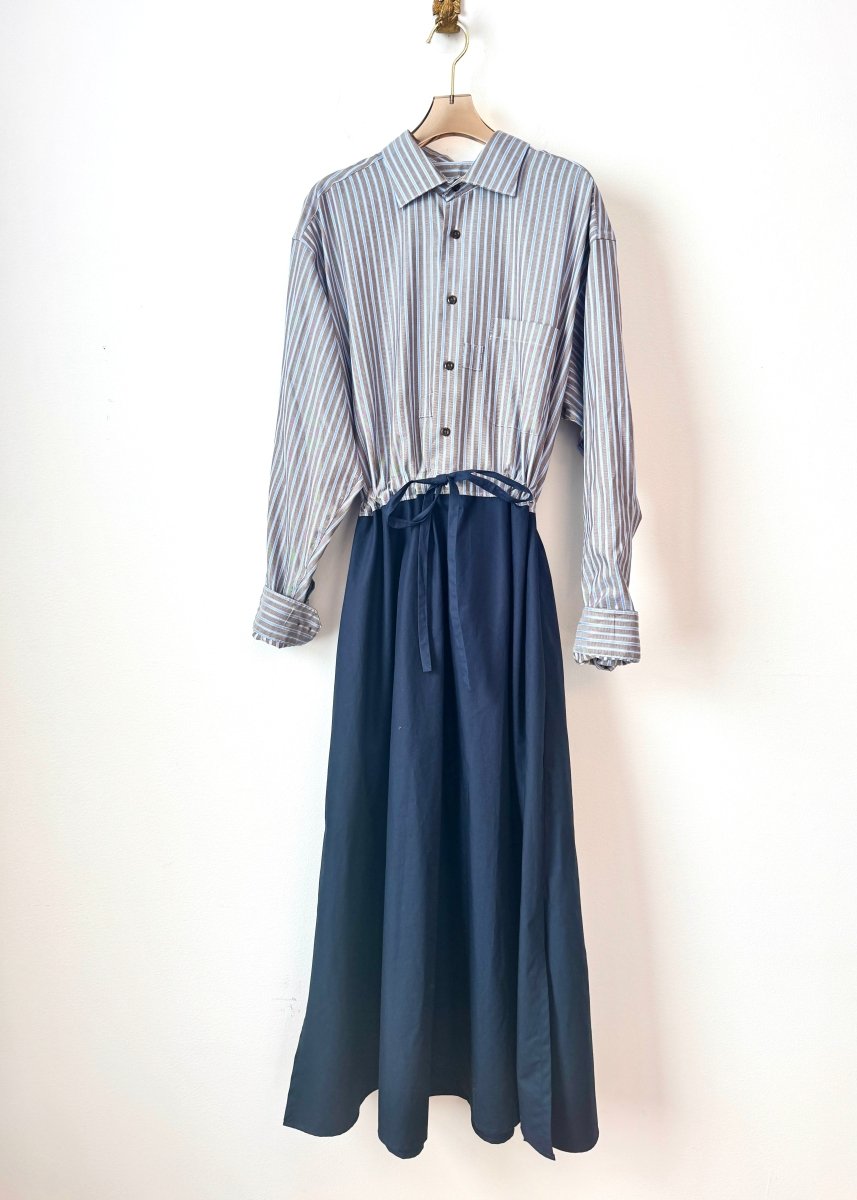 Lucius Shirt Dress in Blue and Brown Stripe with Navy Skirt (Reworked) - Made X Hudson