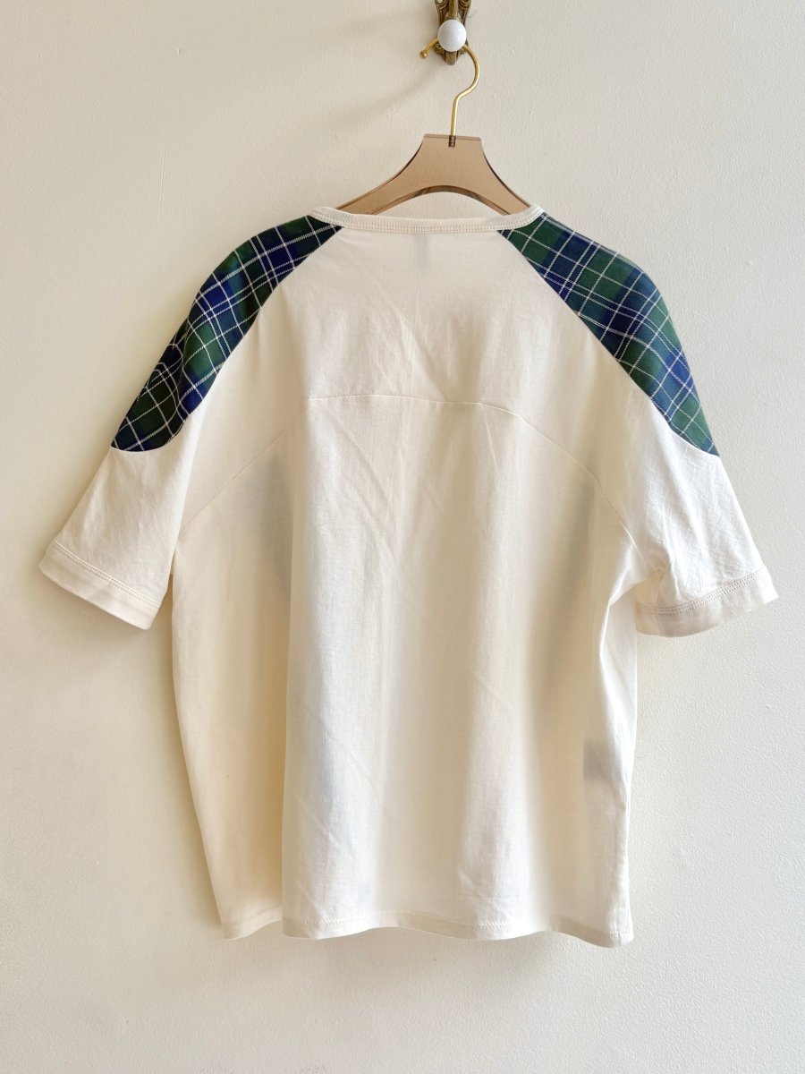 Beige Jersey T-Shirt | Color Blocked with Plaid Shoulder - Made X Hudson
