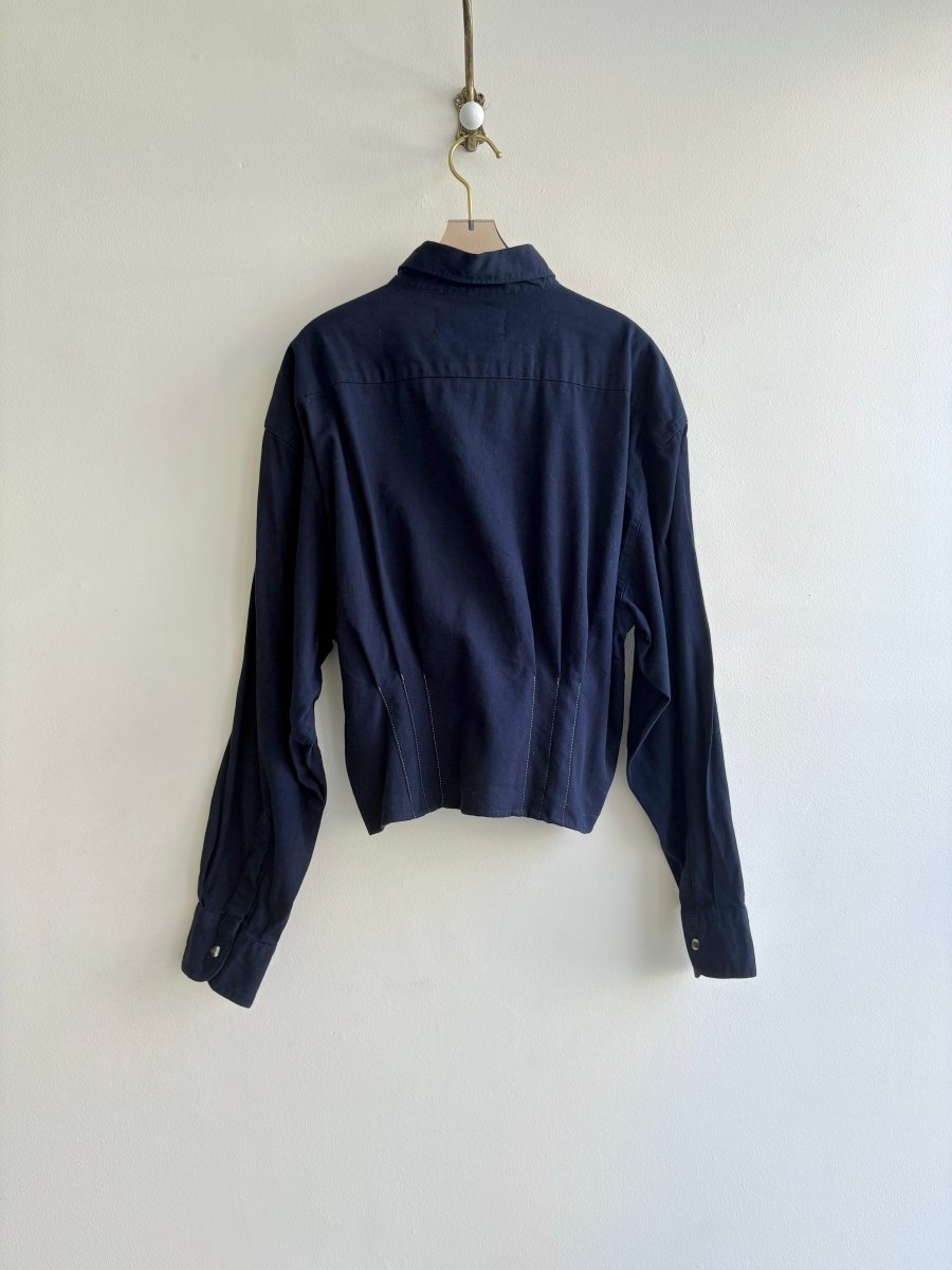 The Kevin Top | Deep Navy Blue Button Down Top w/ Gathered Waist (Reworked) - Made X Hudson