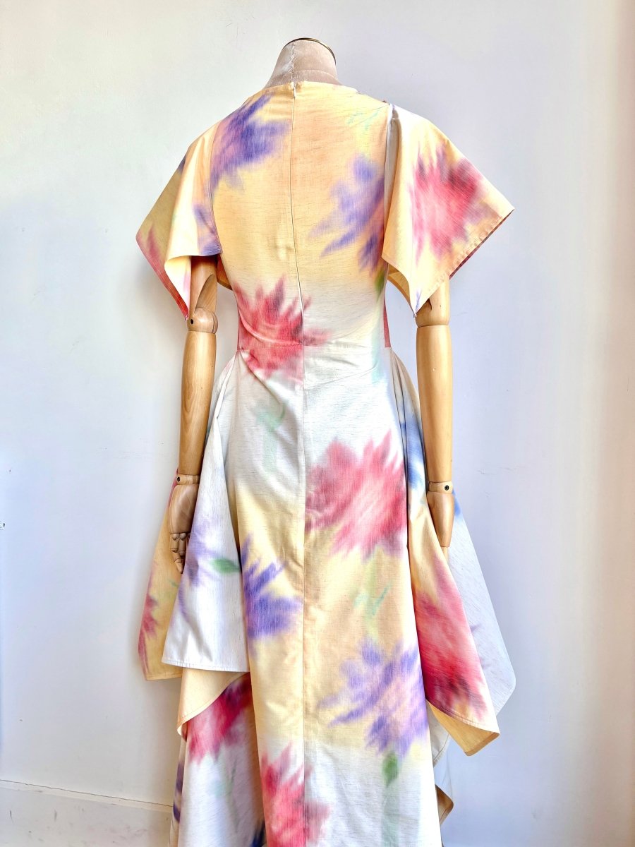 Deco Dress in Ivory, Yellow, Red, and Purple Watercolor Flowers Print - Made X Hudson