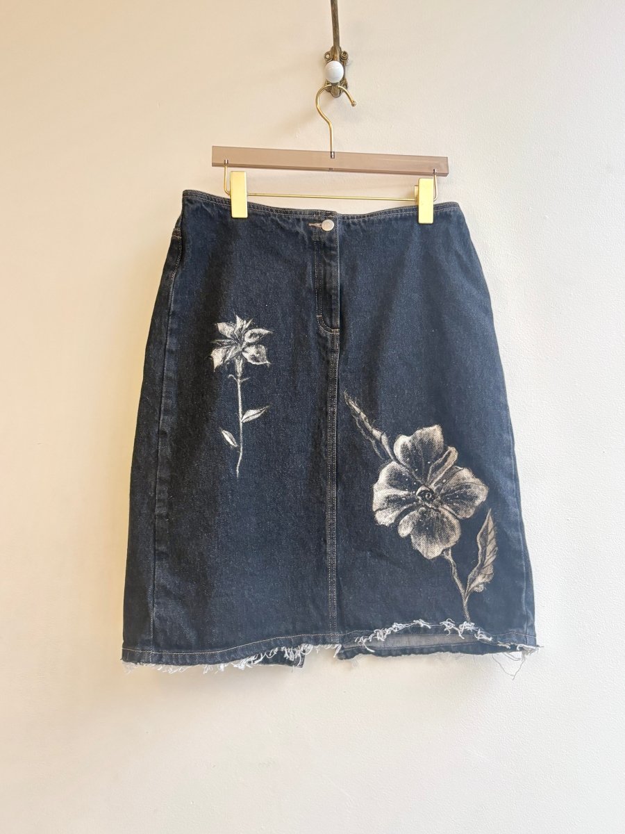 Black Denim Floral Hand Drawn Skirt (Reworked) - Made X Hudson