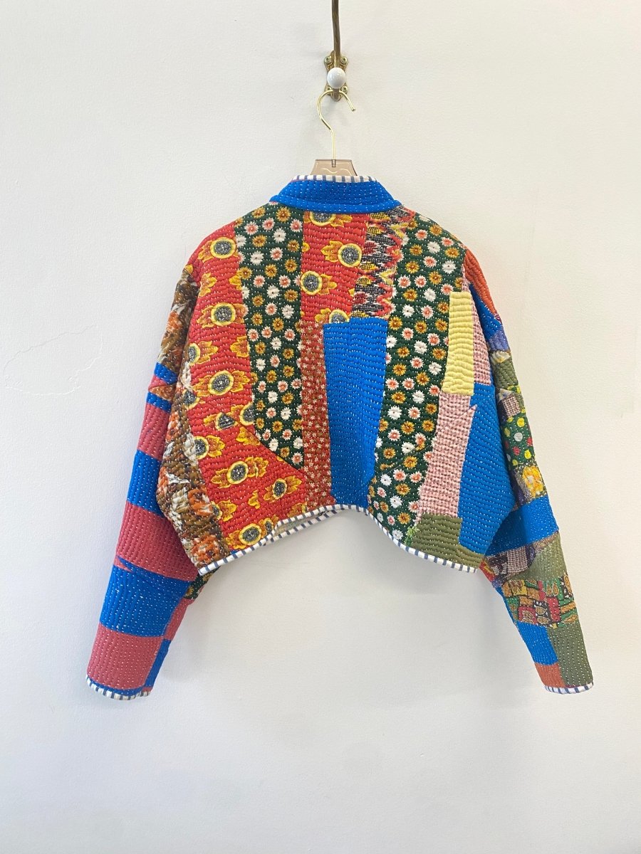 Reversible Kaira Quilted Cropped Jacket in Colors Blue, Yellow, Red, Flowers & Pastel Pink, Blue, Red - Made X Hudson