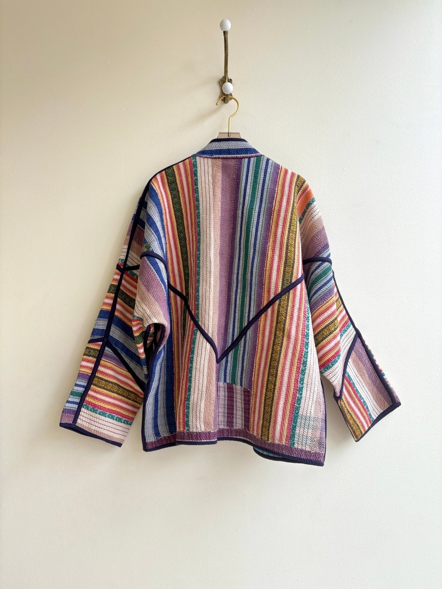 Reversible Ladhiya Quilted Jacket in Multicolored Stripe & White, Mauve, Blue, Peach - Made X Hudson