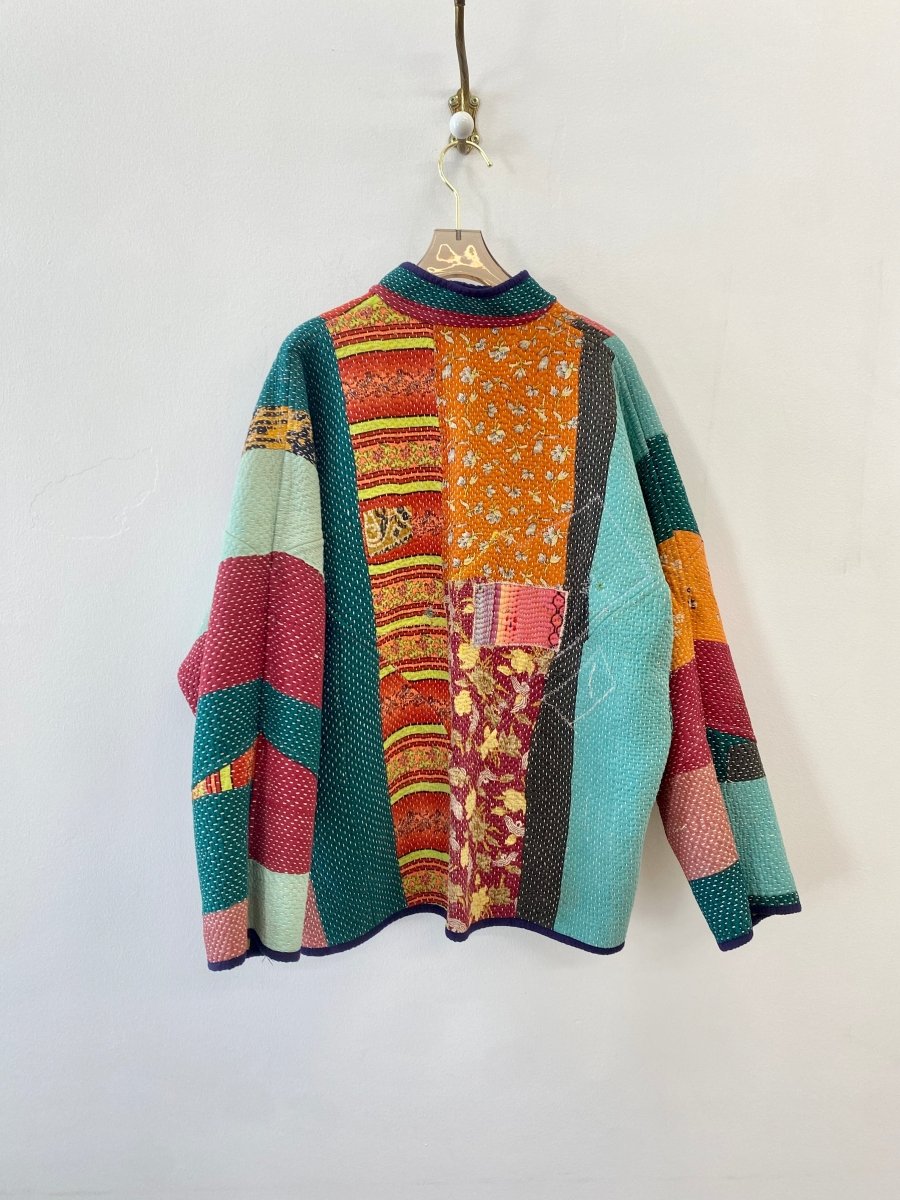 Reversible Ladhiya Quilted Jacket in Multi - Colored Patchwork w/ Green, Orange, Red, Teal & Pastel Green, Orange, Yellow - Made X Hudson