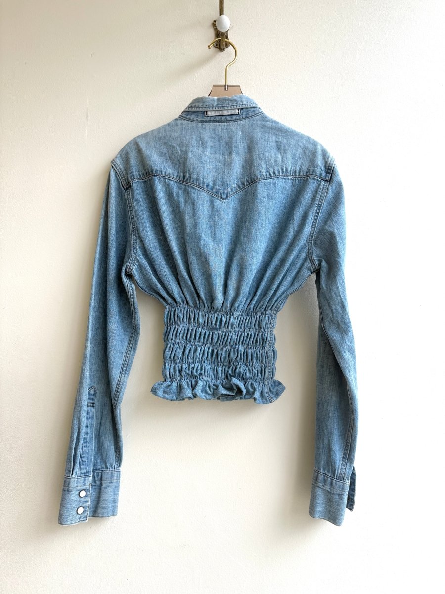 The George Top | Light Wash Blue Denim Snap Down Top w/ Smocked Waist (Reworked) - Made X Hudson