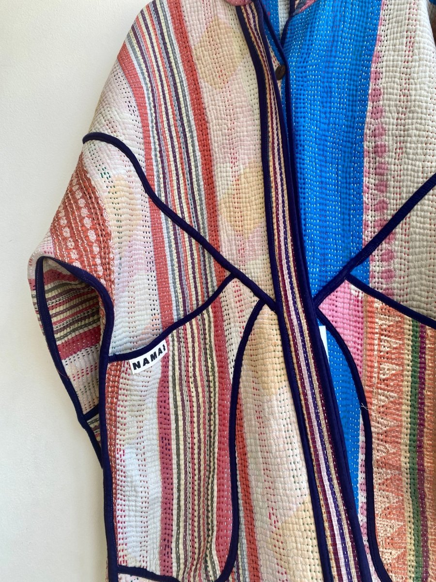 Reversible Long Trench Quilted Jacket in Orange, Tan, Blue Stripes & Green, Blue, Orange - Made X Hudson