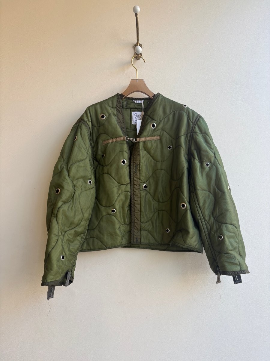 Dark Olive Green Army Liner Quilted Coat w/ Silver Grommets & Clasp (Reworked) - Made X Hudson