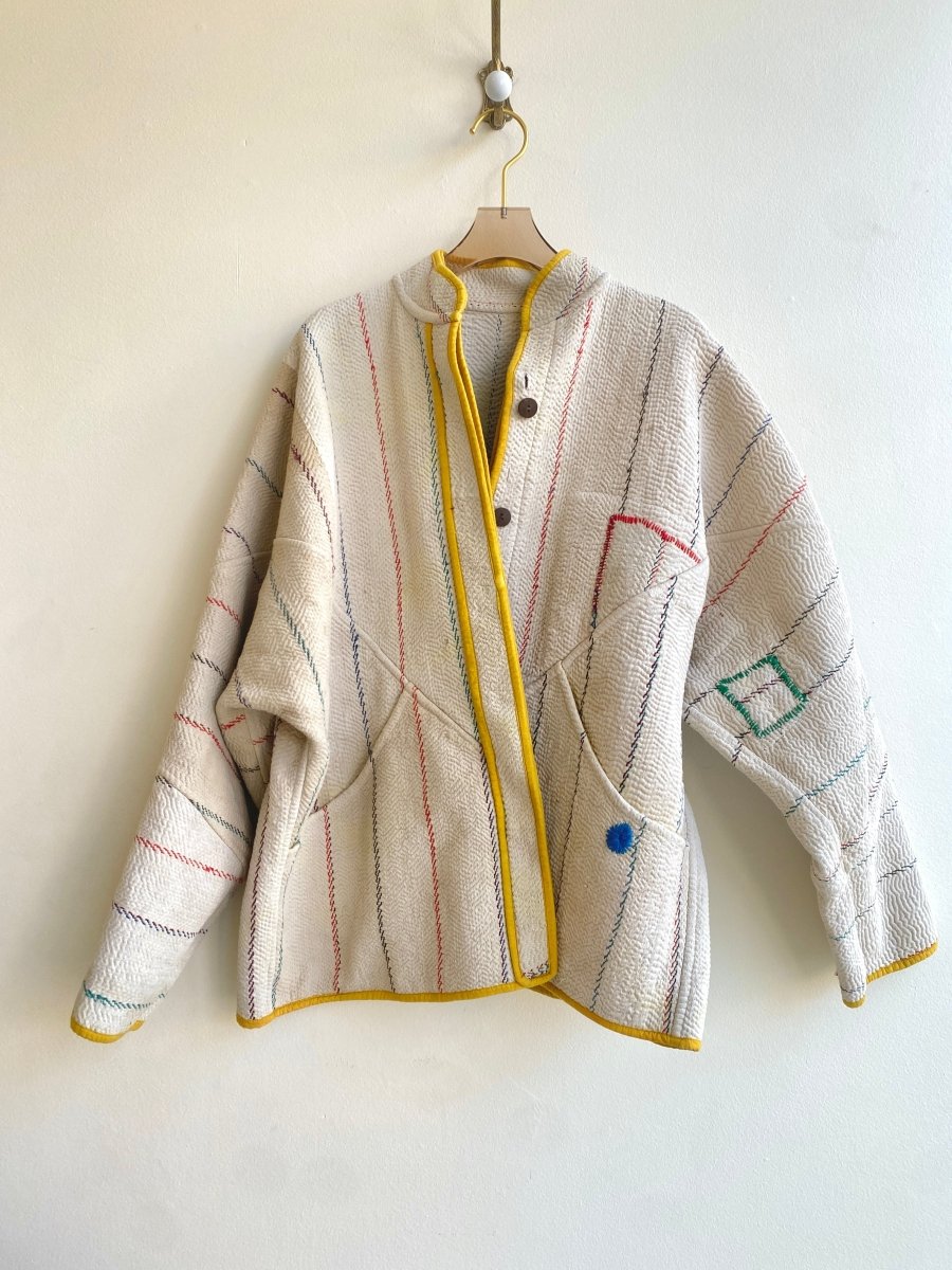 Reversible Ladhiya Quilted Jacket in Colors Cream w/ Stripes & Mustard Piping - Made X Hudson