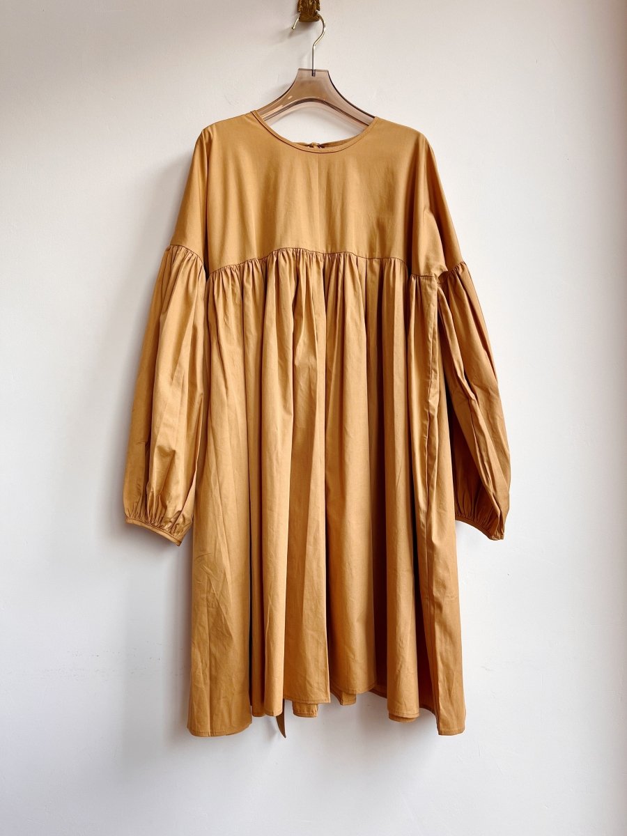 Caramel Beige Long Sleeve Cotton Phoebe Puff Sleeve Dress w/ Belt - Made X Hudson