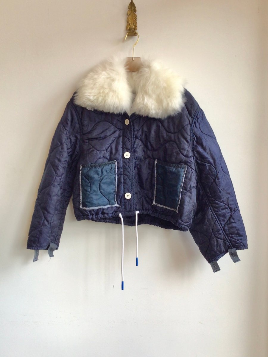 2 - Tone Navy Army Liner Quilted Coat w/ Cream Alpaca Collar & White Button Close & Blue Tassel (Reworked) - Made X Hudson