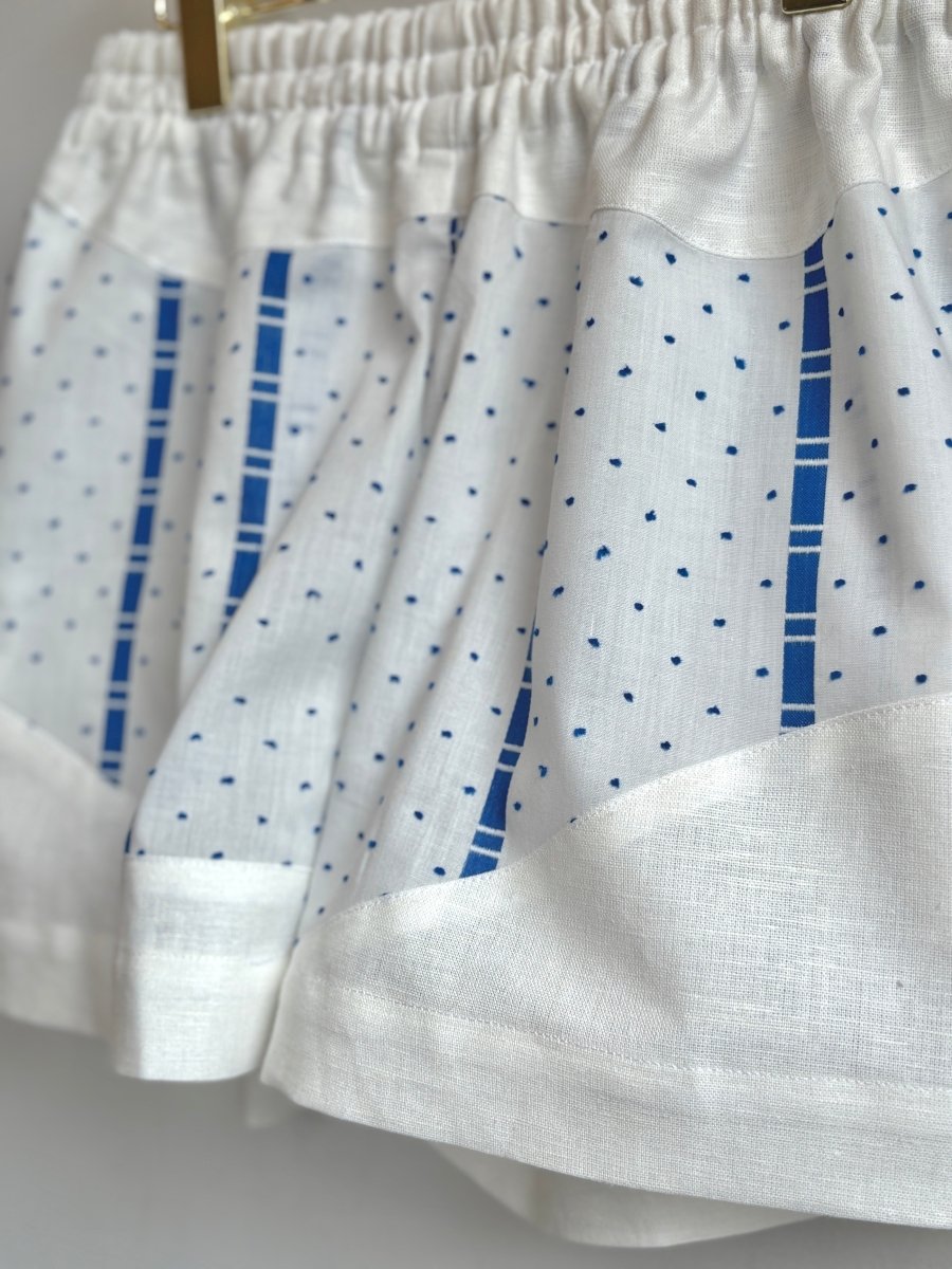 White & Blue Wide Stripe Polka Dot Wave Shorts - Made X Hudson