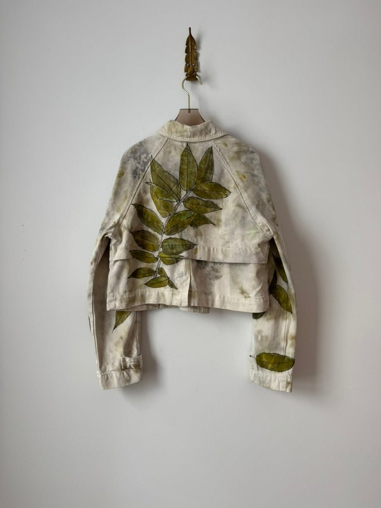 Hand Painted Ivory Double Breasted Cropped Denim Jacket (Reworked) - Made X Hudson