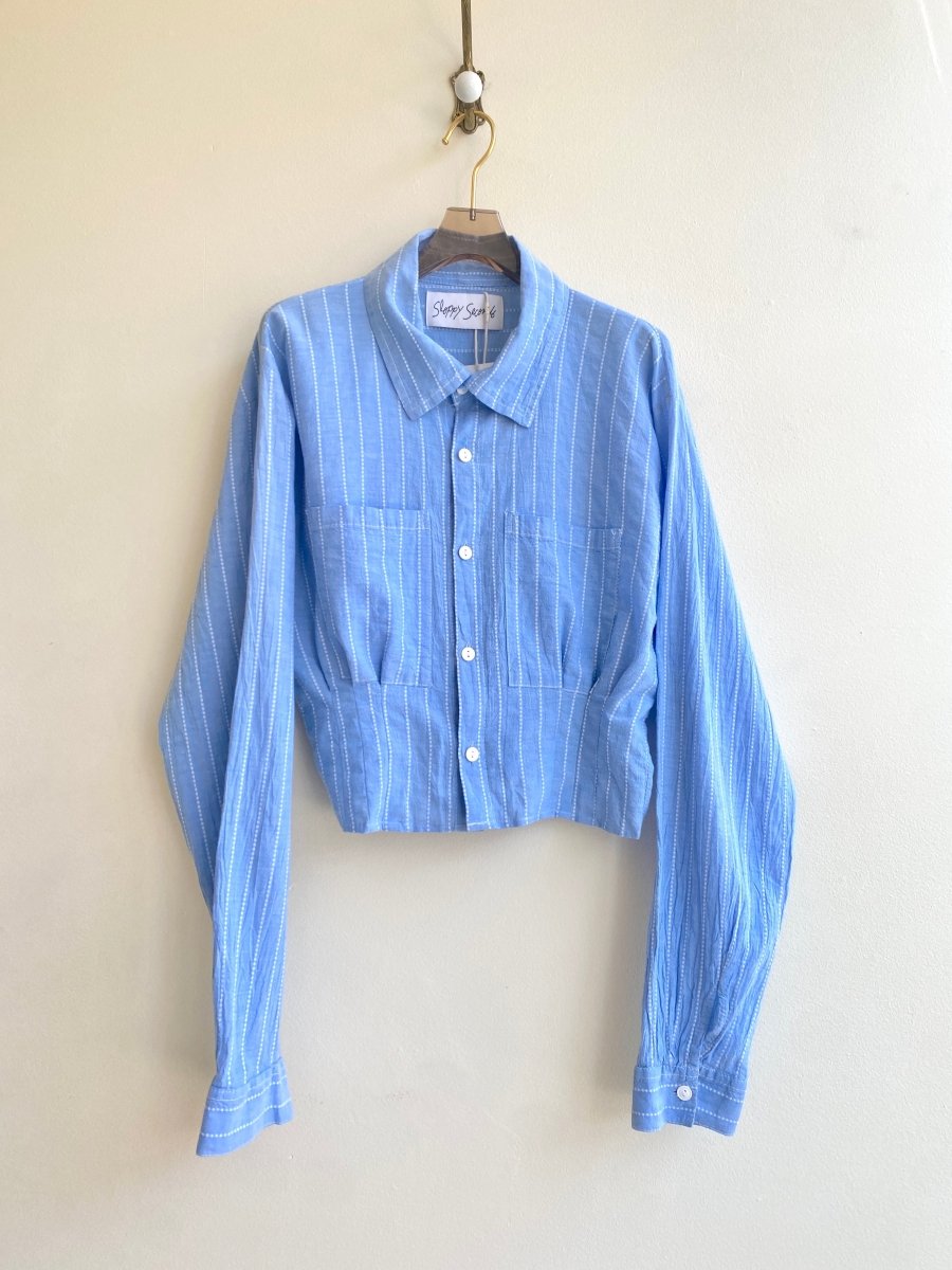 The Kevin Top | Blue Linen Pinstripe Button Down Top w/ Gathered Waist (Reworked) - Made X Hudson